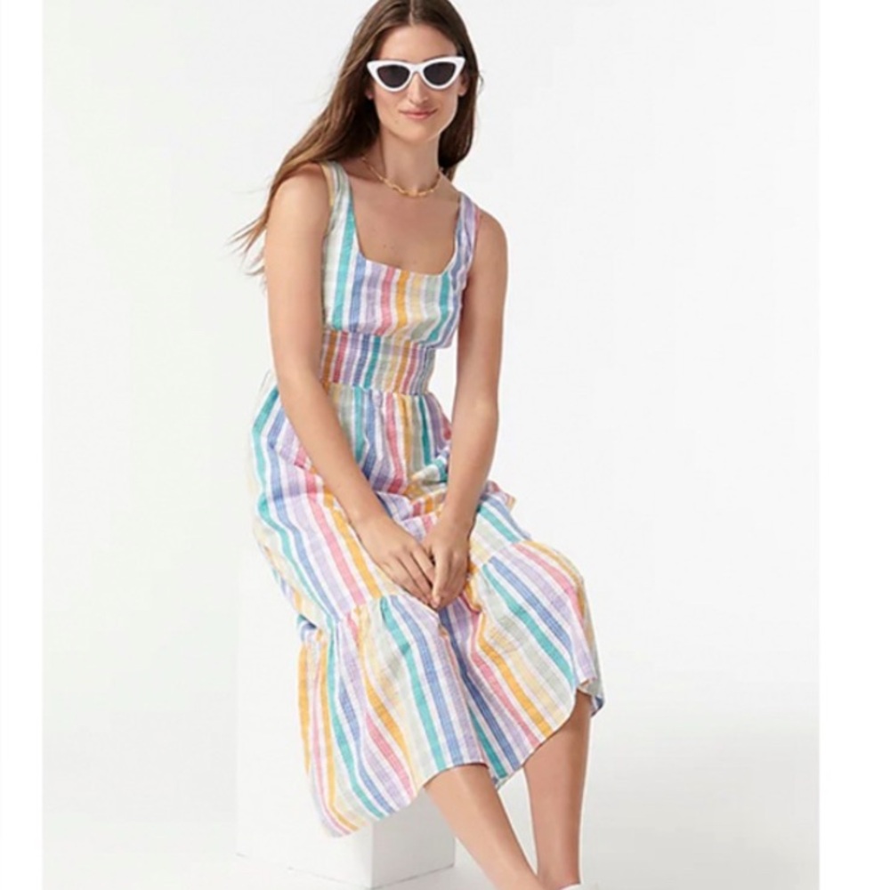 J. Crew Rainbow Stripes Gingham Square Neck Midi Dress with pockets